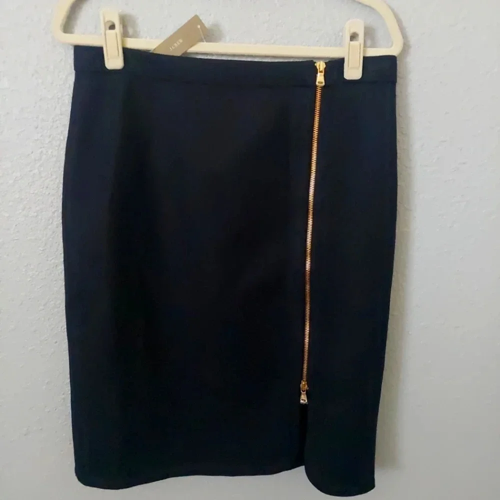 New J.Crew Wool Pencil Skirt Black -Gold Assymmetrical front zipper 12p